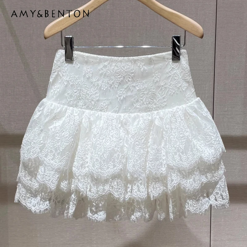 

Elegant Stylish Women's Short Skirt 2026 Spring New French Design Y2k Lace Hollow Out Splicing High-waisted Puffy Skirts Ladies