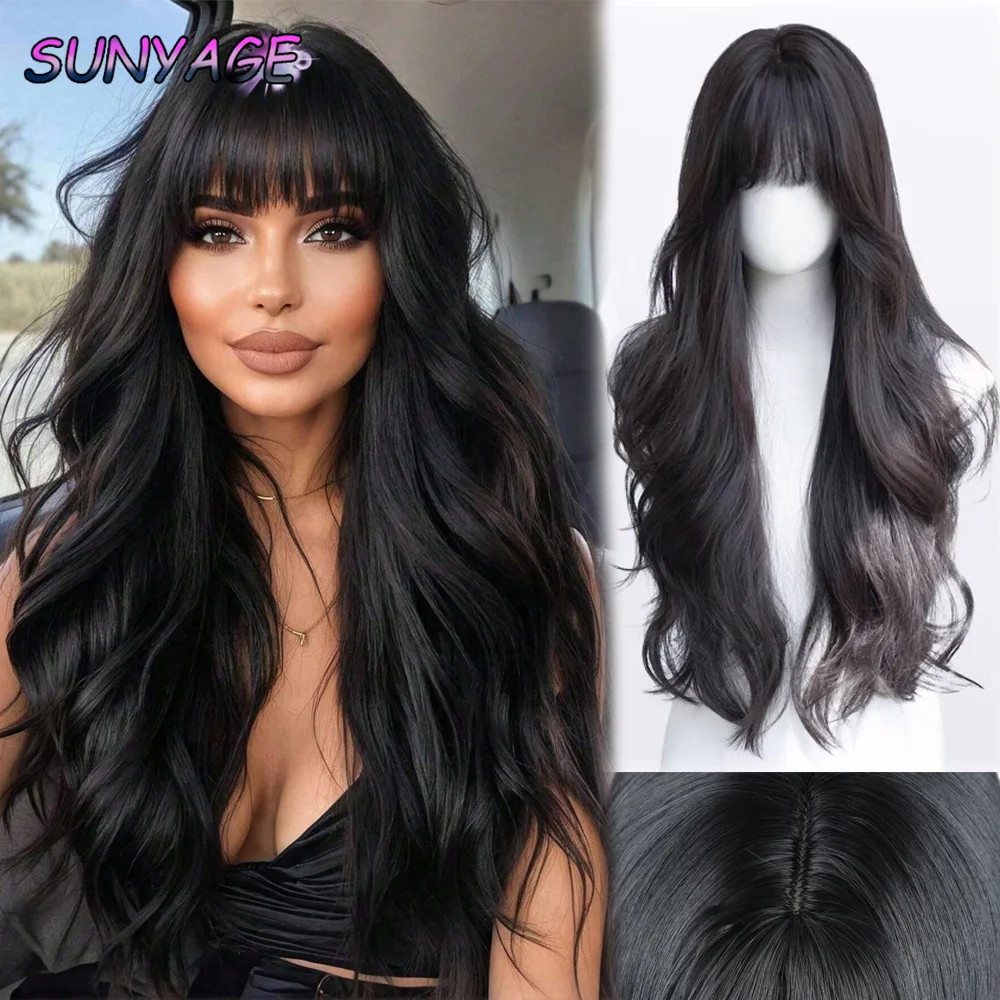 SUNYAGE wig sintetik panjang keriting, gelombang dengan hitam untuk wanita keren coklat harian Cosplay rambut palsu tahan panas