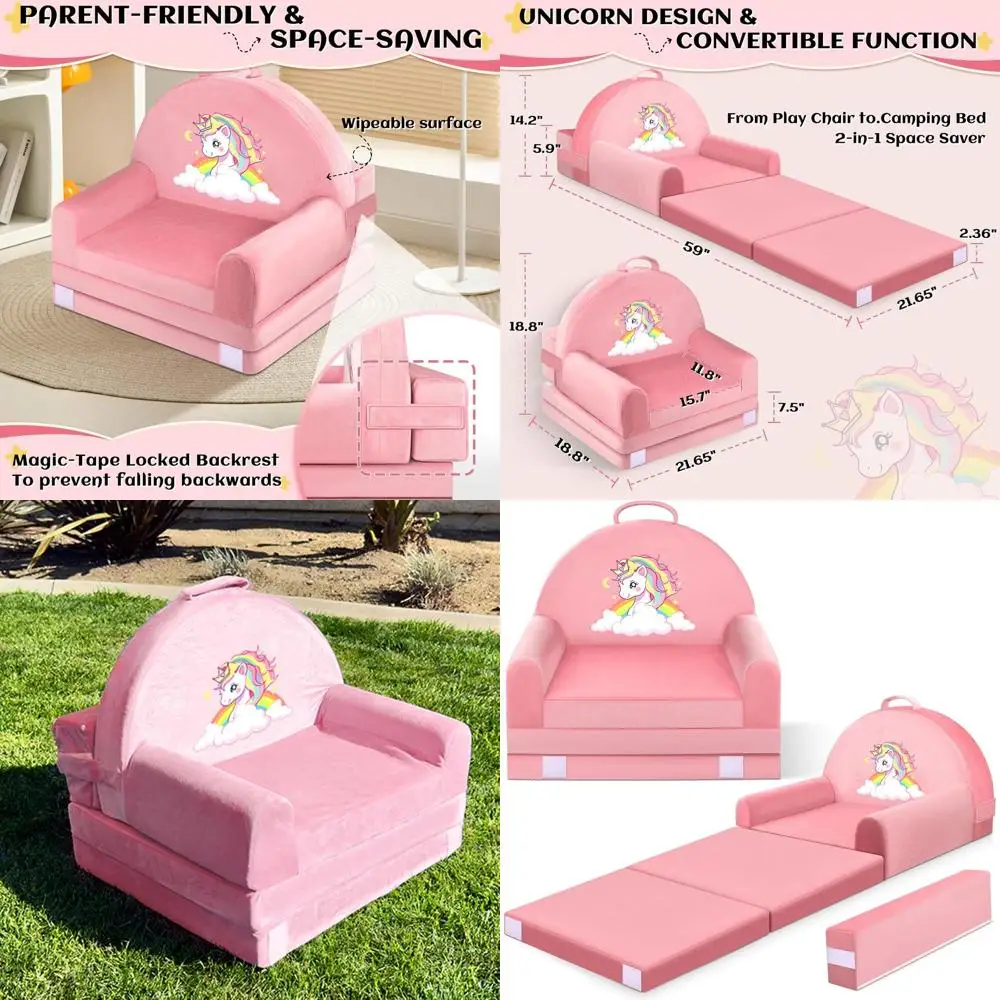 

Pink Removable Cover Toddler Sofa Bed with Hook & Loop Backrest - Comfortable Velvet Furniture for Play and Naps