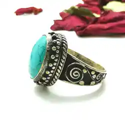 Nepal Vintage Rings for Lady Copper Inlaid Simulated Turquoise Rings R038