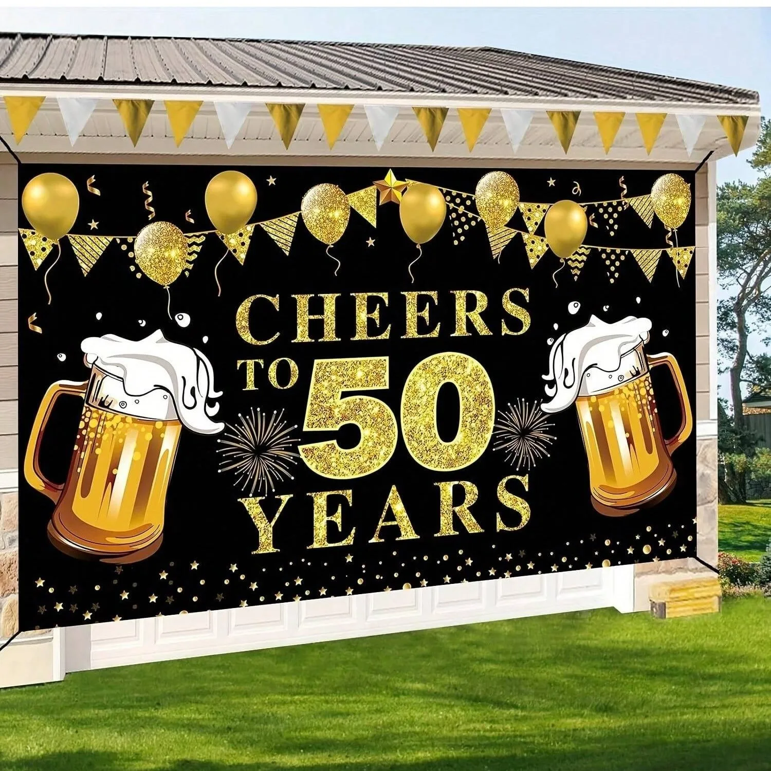 Schwarz-goldenes Banner mit Bier-Motiv als Fotohintergrund, Dekoration für die 50. Geburtstagsfeier für Erwachsene, Fotostudio-Hintergrund – Detail 4
