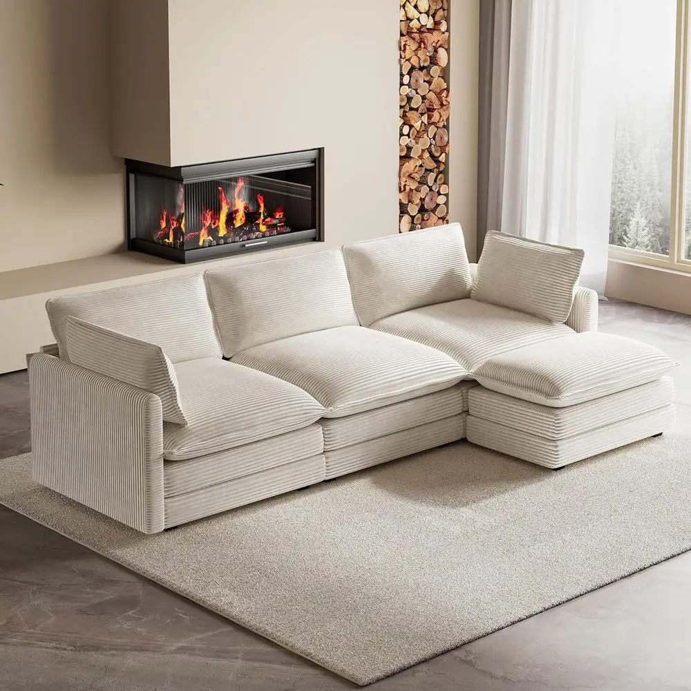 104 Modern 4-Seat Sectional Sofa with Ottoman, L-Shaped Corduroy Couch in Beige for Living Room, Cloud-Inspired Sectional Set fo