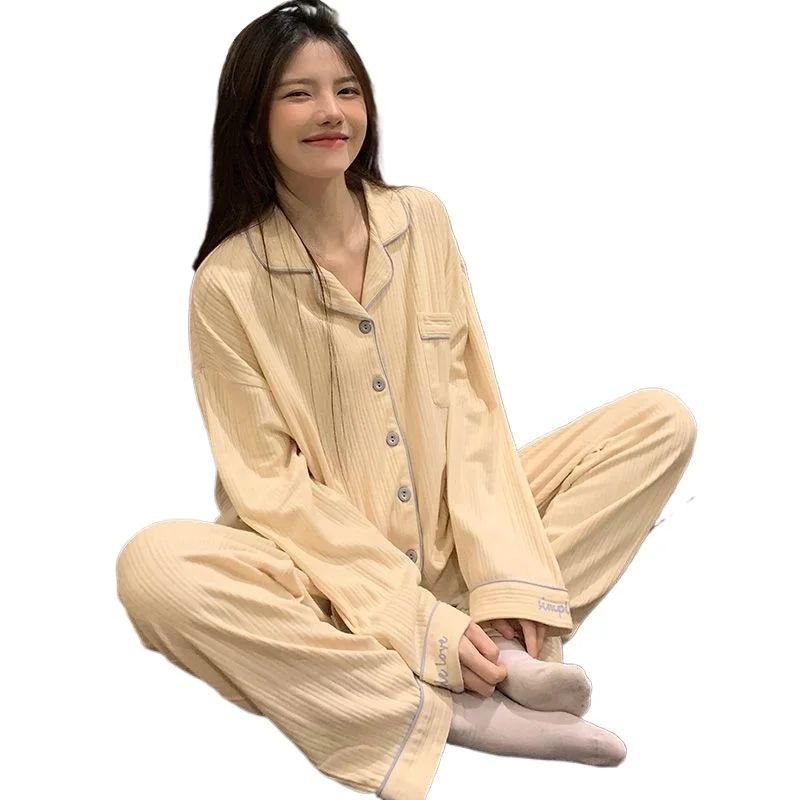 Solid Sleepwear Button Women Pajamas Set Autumn Piiama Korean Fashion Long Sleeve Sets 2 Pieces Night Wears Casual Home Wear New