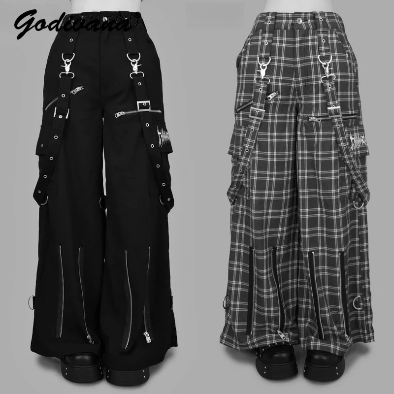 

Harajuku Japanese Mine Dark Goth Embroidery Grey Plaid and Black Wide Leg Pants Subculture Cool Rock Cargo Pants Trousers