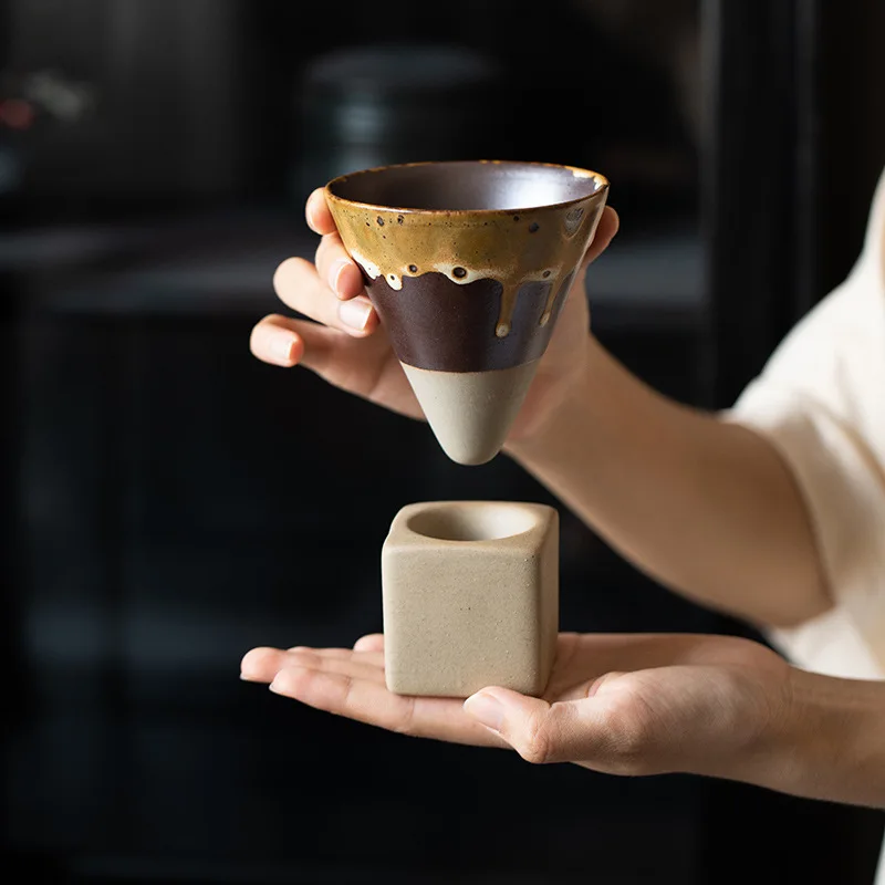 Retro kaba çömlek kahve fincanı tabanı ile yaratıcı konik Latte çiçek fincan ev çay bardağı fırın seramik huni kahve fincanı