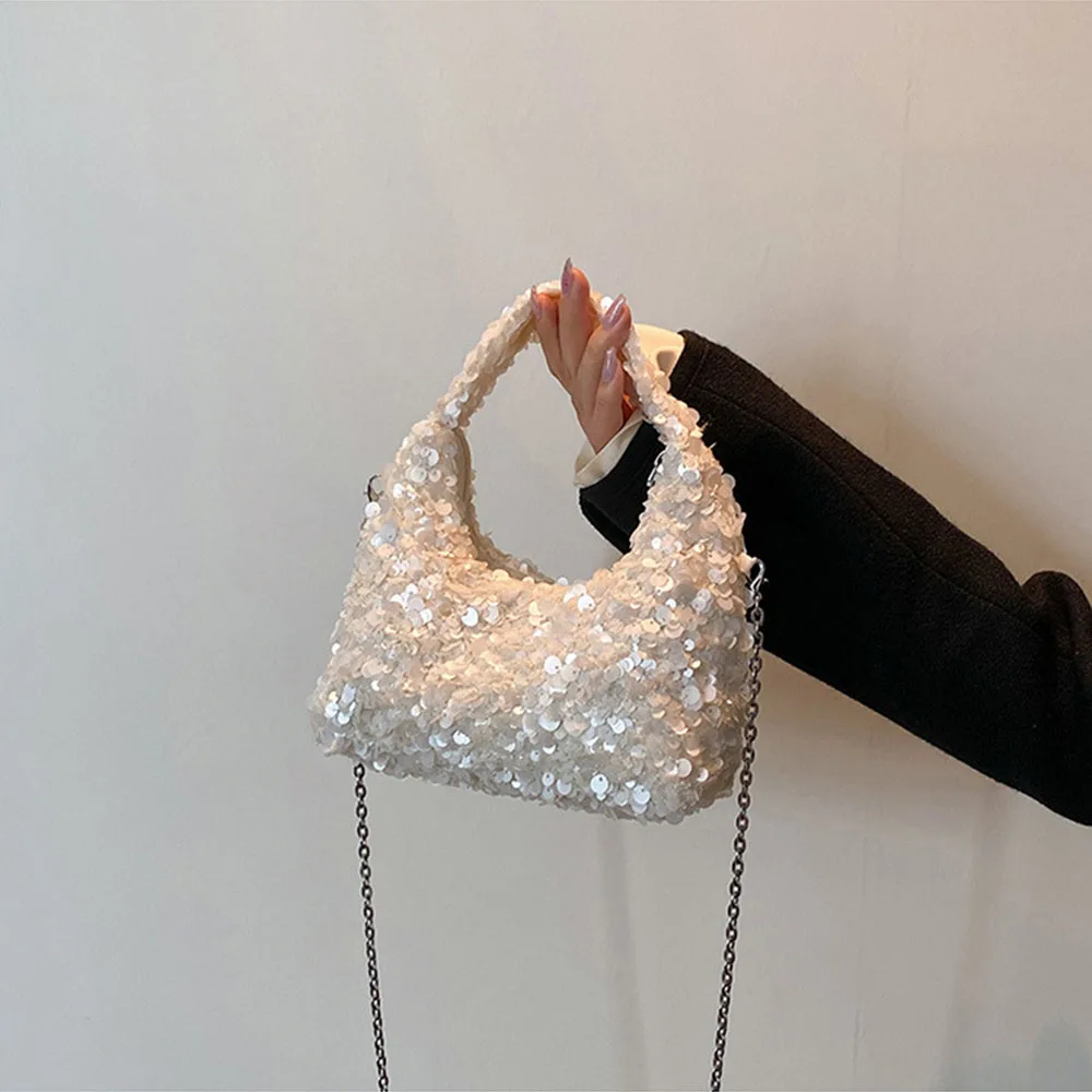 

New Arrival Solid Color Sequin Crossbody Bag Elegant Portable Handbag Simple Stylish Armpit Bags Daily Shoulder Bags For Women