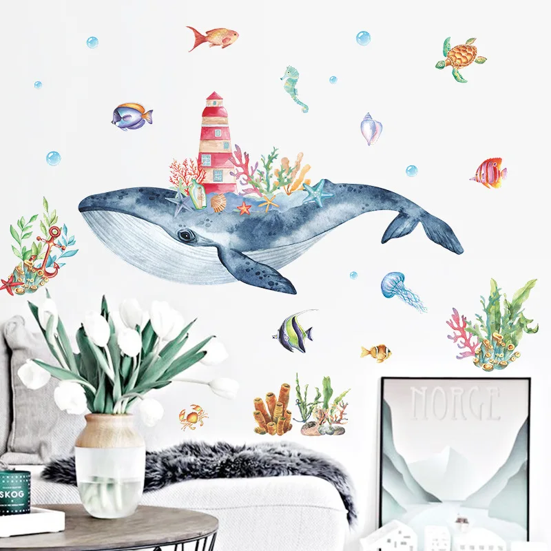 Cartoon Underwater Whale Wall Stickers For Kids Room Decoration Anime Room Decor Bedroom Accessories Wall Decor Home Decoration