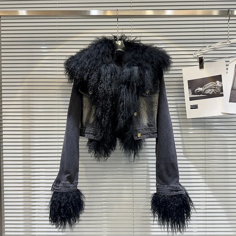 2025 invierno nuevo gran pelo de cordero líder lavado algodón interior vaquero chaqueta abrigo corto moda temperamento Chaqueta corta