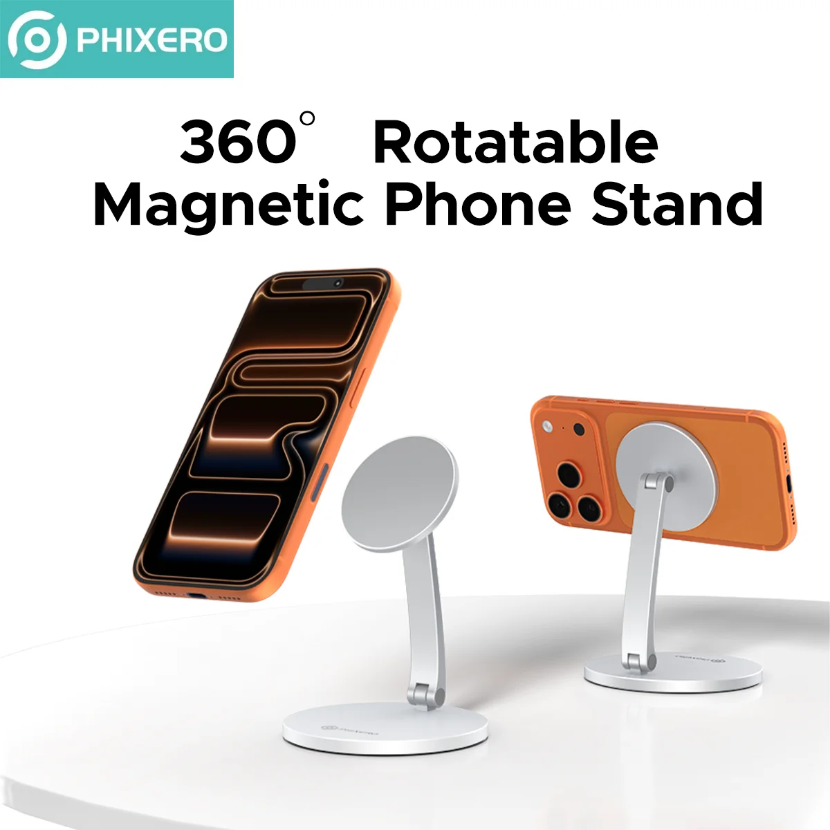 PHIXERO Magnetic Desktop Phone Stand 360° Rotatable Foldable Aluminum Holder, Adjustable Desk Magnetic Mount for MagSafe iPhone,