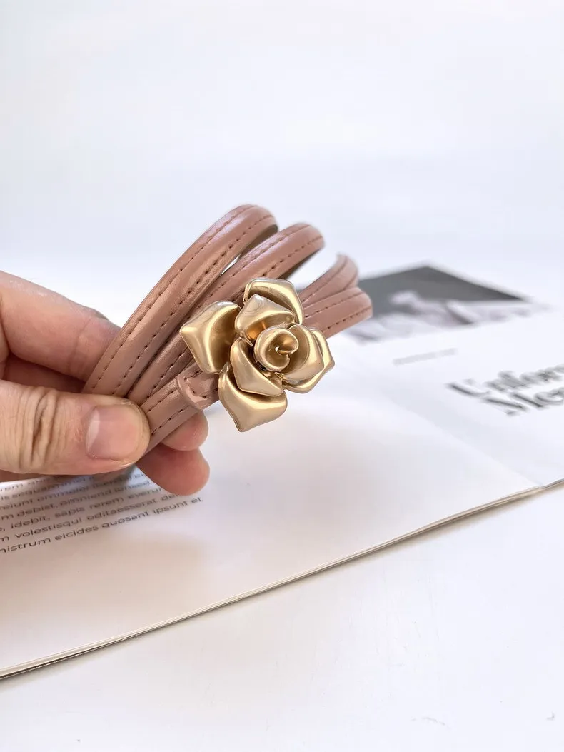 New leather women's thin belt women's flower waist thin cowhide with sweater dress belts for women luxury designer brand