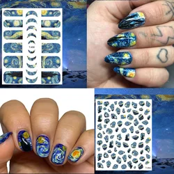 1pcs Van Gogh Night Romantic Nail Art Sticker  Adhesive Moon Starry Sky Chrysanthemum Oil Painting Wraps Impression Nail Slider