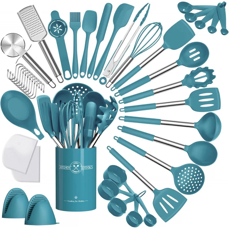 Silicone Kitchen Cooking Utensil Set, 43 pcs Spatula with Stainless Steel Handle, Non-stick Heat Resistant - Best Cookware Set-(