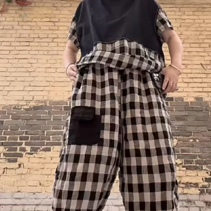 2025 New Spring Retro Cotton Linen Womens Two Peice Sets Fashion Splicing Plaid Short Sleeved Top and Casual Loose Pants Set