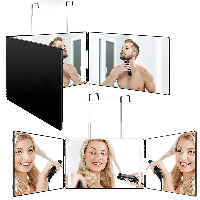 Retractable hanging three-sided folding makeup mirror men\'s tri-folding mirror shaving and hairdress & 10 times mirroring mirror