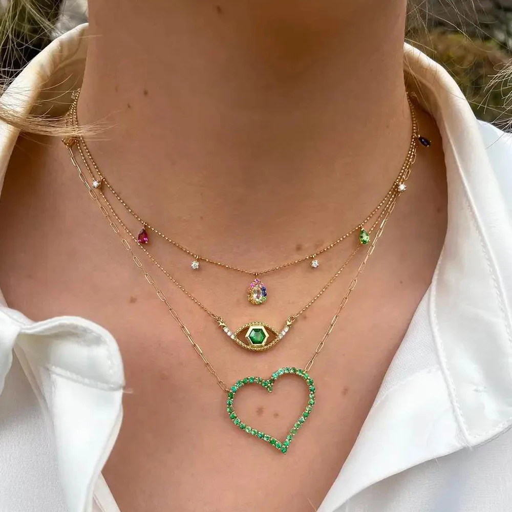 2025 New Micro Pave Sparking Green Cz Hallow Heart Shaped Link Chain Necklace Women Luxury Fashion Jewelry