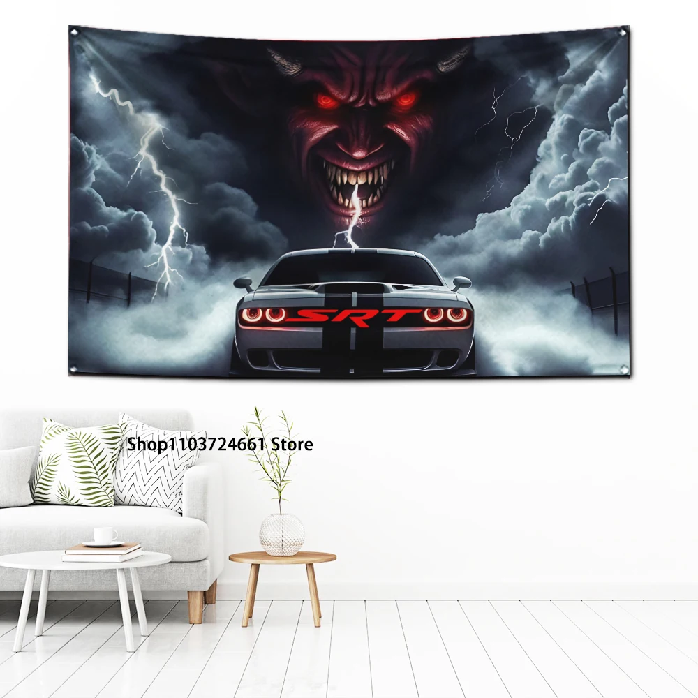 60x90cm SRT Hellcat Demon Dodge Challenger Flag Polyester Digital Printing Banner for Garage Wall Art Out Door Decoration