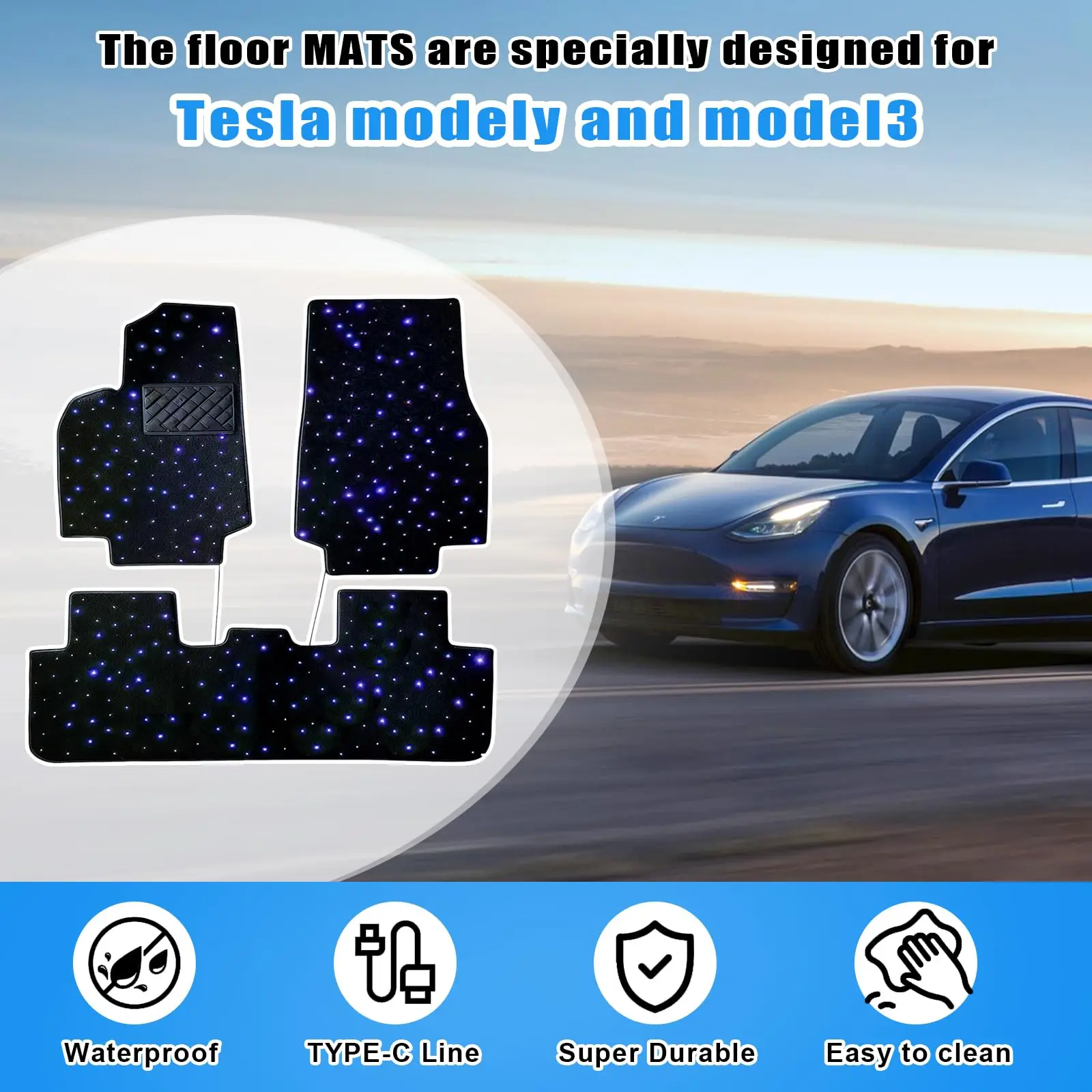 ANX Starlight Fußmatten für Tesla Model Y mit App-Steuerung, LED-Fußmatten im Starlight-Design, rutschfeste Matten, Auto-Teppich, romantisch – Detail 3