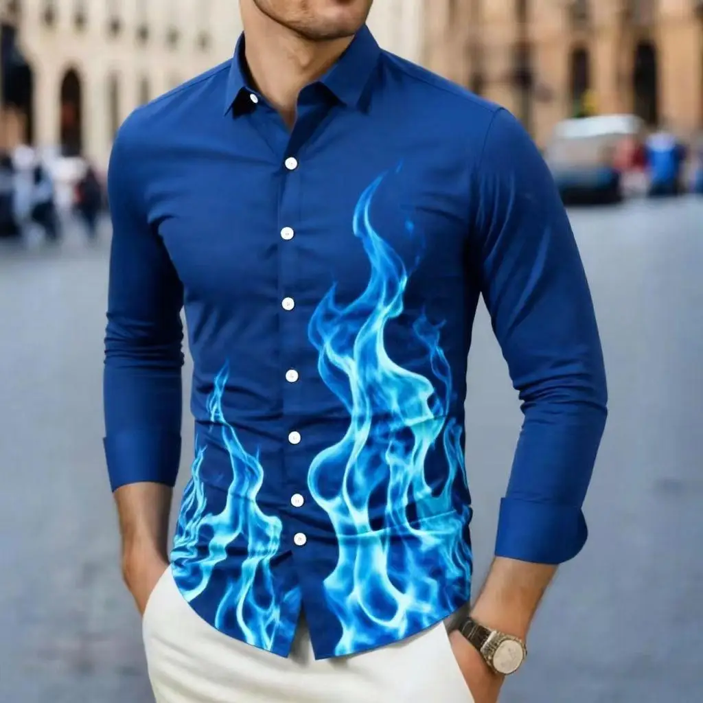 

Мужская рубашка с длинными рукавами Flame, цифровая печать, повседневная и удобная, модная и стильная, для улицы, из мягкой ткани.