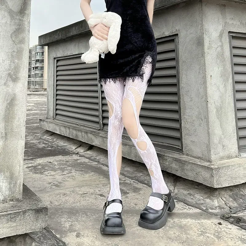 Collants résille floraux creux gothiques pour femmes, Harajuku Lolita, trous de mendiant déchirés irréguliers, collants en maille, bas de corps sexy