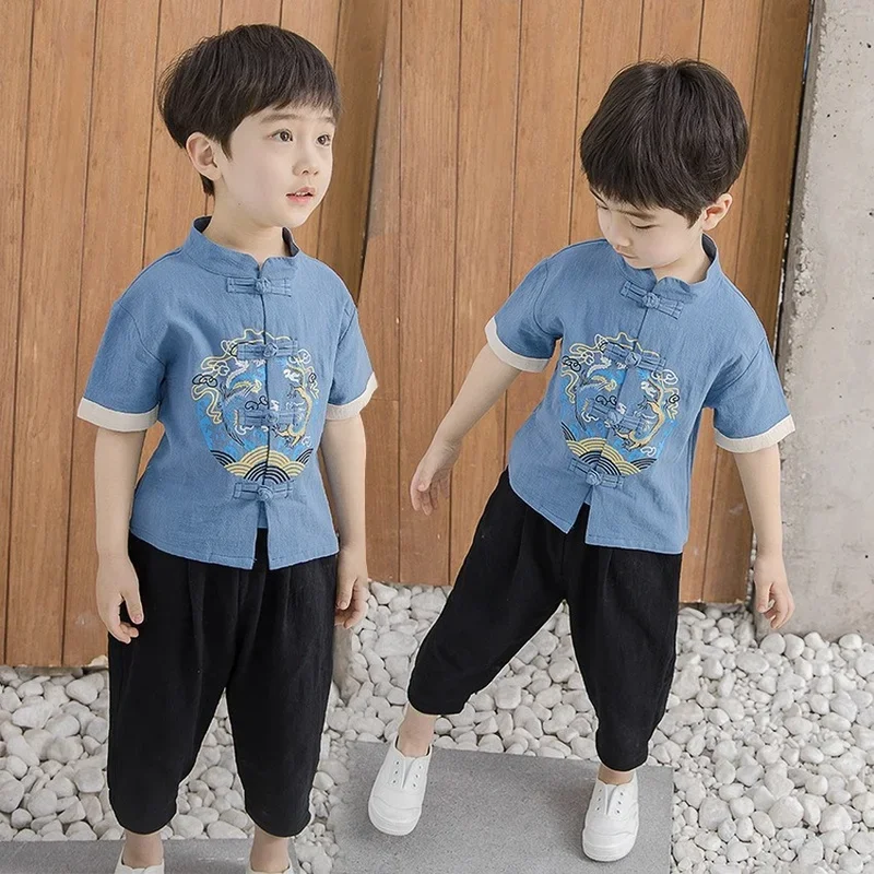 Conjuntos de ropa tradicional china para niños, traje Tang, Tops de algodón para bebés, abrigo, camisas de manga corta, pantalones Hanfu sueltos, 3 colores