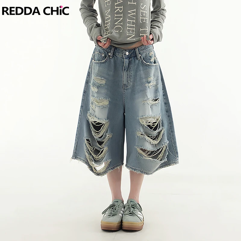 

REDDACHiC Boyfriend Destroyed Jean Shorts Women Jorts Low Rise Ripped Holes Wide Leg Bermuda Pants Retro Skater Y2k Streetwear