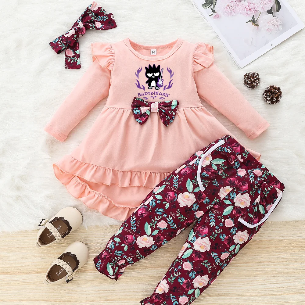 

3Pcs Bad Badtz Maru Fashion Girls' Autumn Children's Round Neck Bow Flower Print Pants Girls' Headband Clothing Cotton Set 6M-5Y