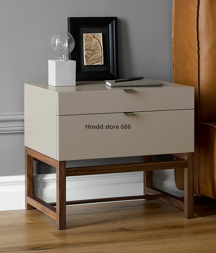 Black walnut bedside table Modern simple bedroom Solid wood double pumping bedside table P