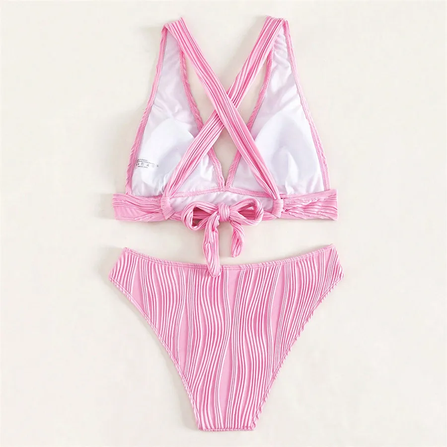 Sexy Pink High Waisted Bikini Set Texture Swimwear Women 2024 Push Up Swimsuit Back Cross Kontted Strój kąpielowy Bikinis Mujer