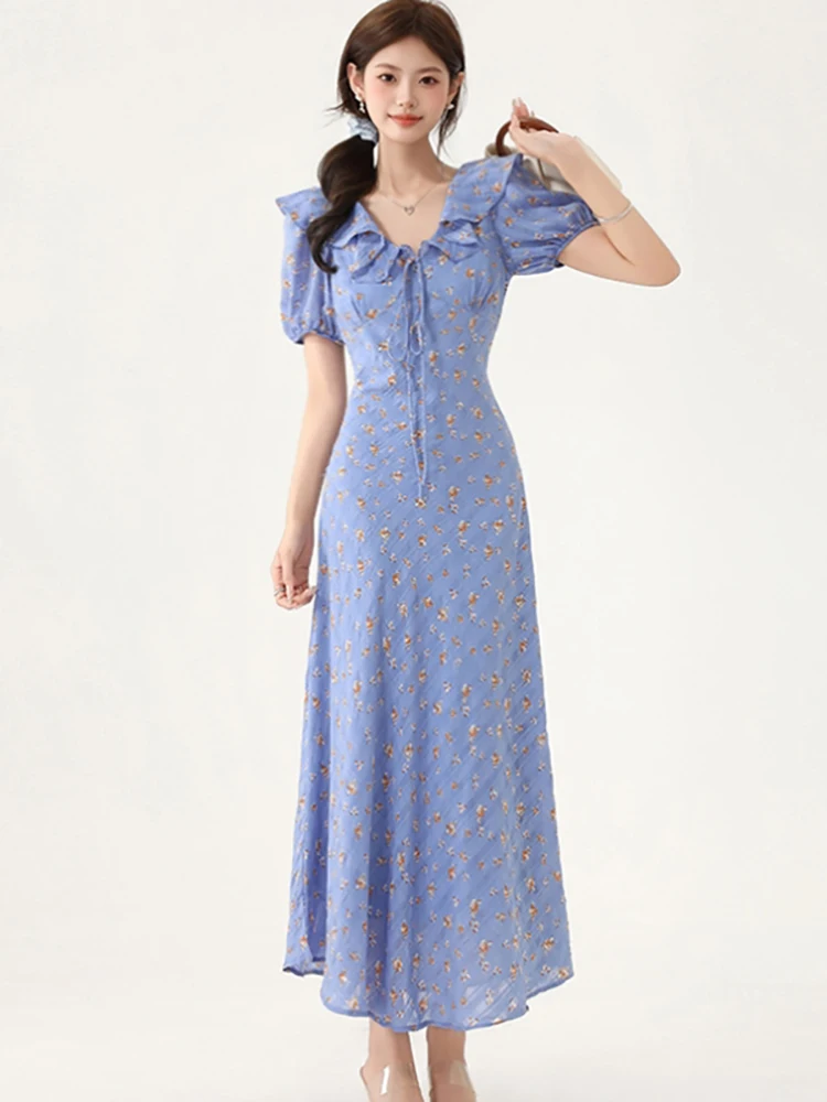 

2025 Blue Floral Bow Ruffled Collar Maxi Dress Women Korean Luxury Dance Party Dress Gown Summer Elegant Bodycon One Piece Dress