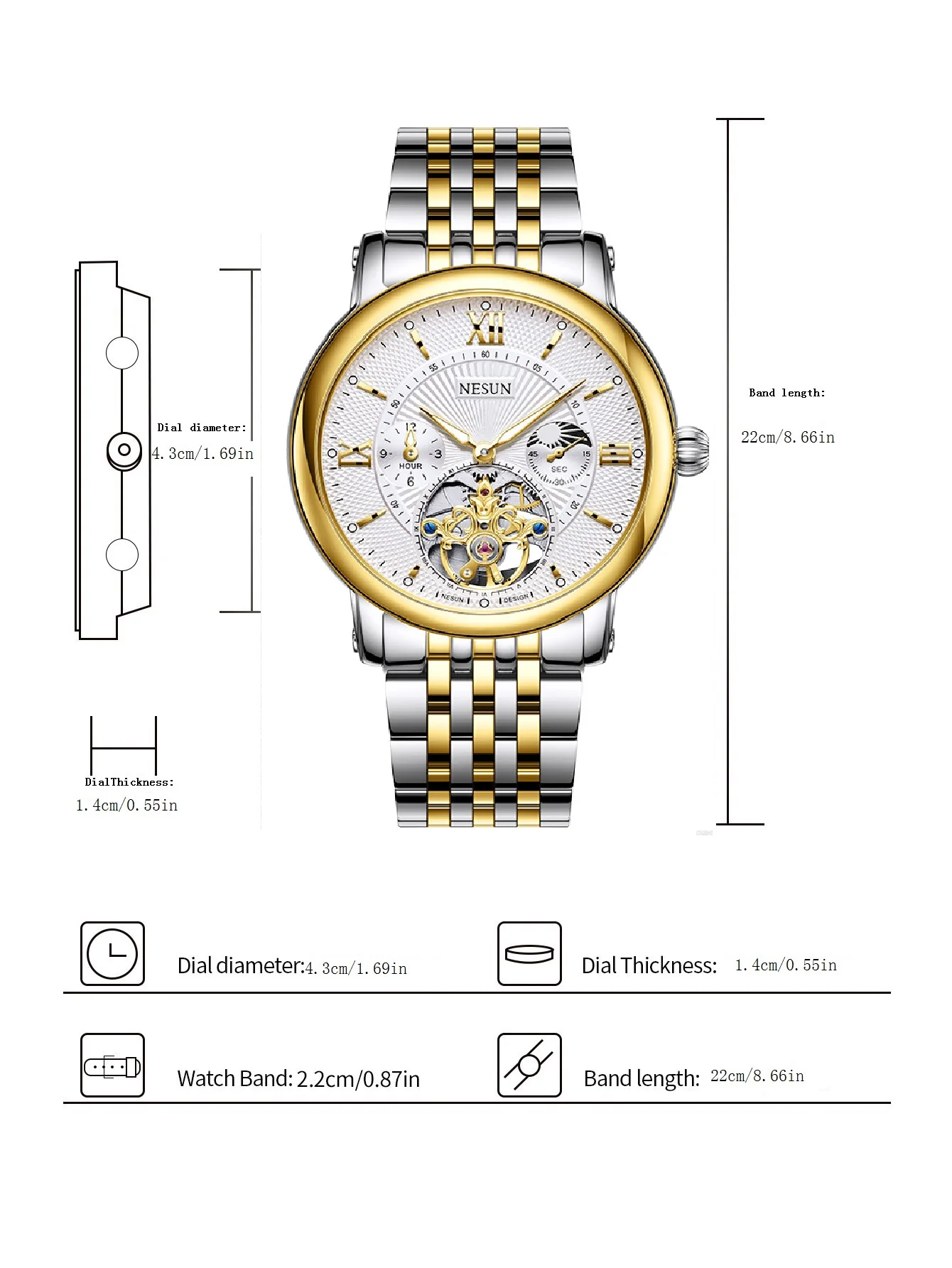 Orologio meccanico da uomo NESUN, movimento potente completamente automatico, orologio meccanico da lavoro luminoso autentico in acciaio inossidabile per