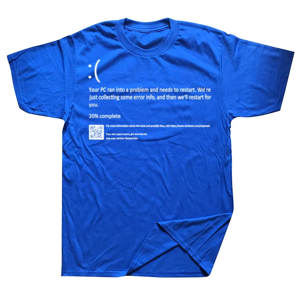 Men Oversized Loose 100% Cotton T-Shirt, Funny Blue Screen of Death Geek Print, Halloween Party Casual Fashion Short Sleeve Tee