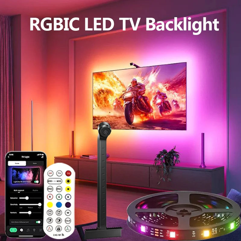 RGBIC LED TV Backlight Strip Lights with AR Sensor USB-Powered RGBIC Lighting Music Sync for 55-75 Inch Tvs Gaming Room Decor