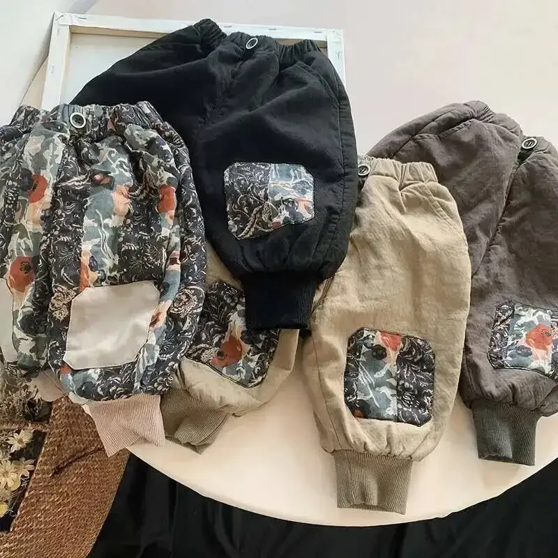 

Осенне-зимние детские штаны для мальчиков и девочек от 1 до 8 лет, плотные теплые флисовые лоскутные свободные шаровары, корейская одежда для малышей, детская одежда