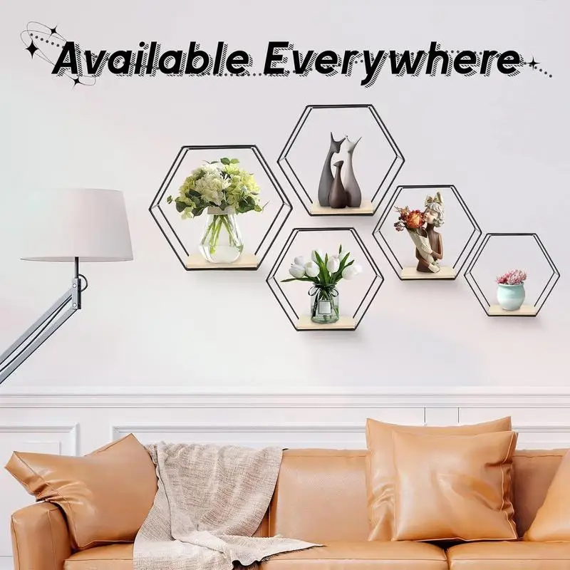 

Floating Shelves 5 Pieces Wall Mounted Hexagonal Floating Shelves Modern Different Sizes Storage Rack Decorative Space-Saving