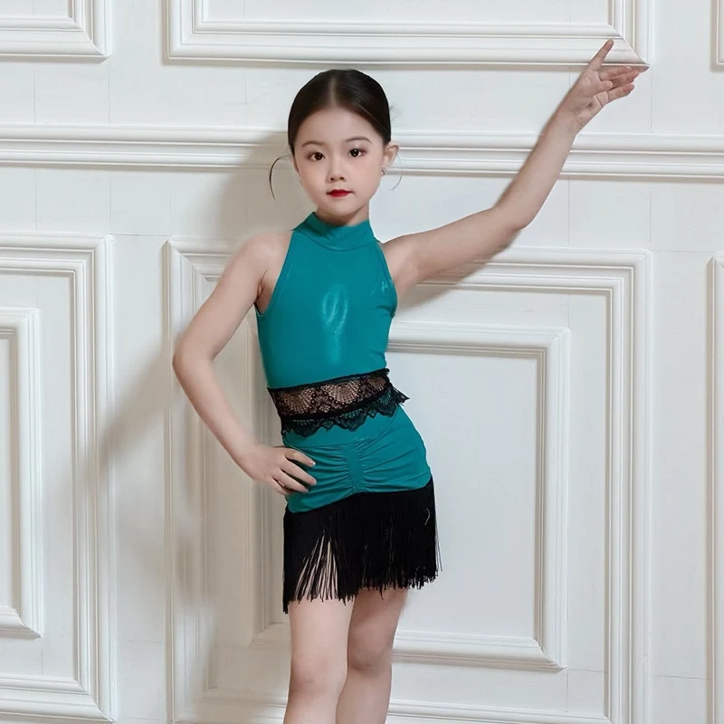 

Новинка 2026: Детский костюм для латиноамериканских танцев, синее кружевное платье без рукавов с бахромой, для девочек, для выступлений, DNV26654