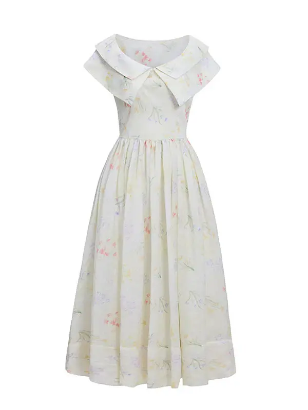 86-94cm bustsummer vestido longo feminino vintage elegante fino dupla camada turn-down colarinho floral impressão cintura alta grande balanço vestido