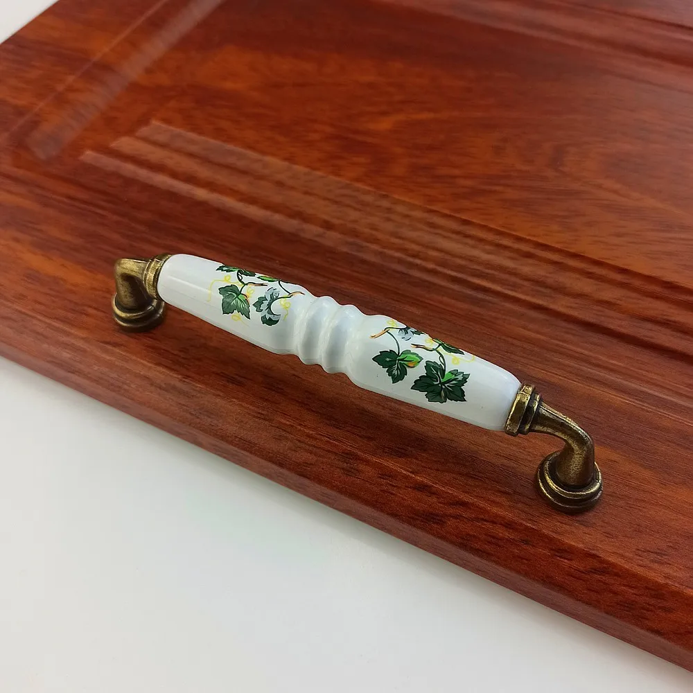Green Leaves Ceramics Handle For Furniture Door Drawer Knob Wardrobe Kitchen Cabinets Handle Bronze Cupboard Dressing Table Pull