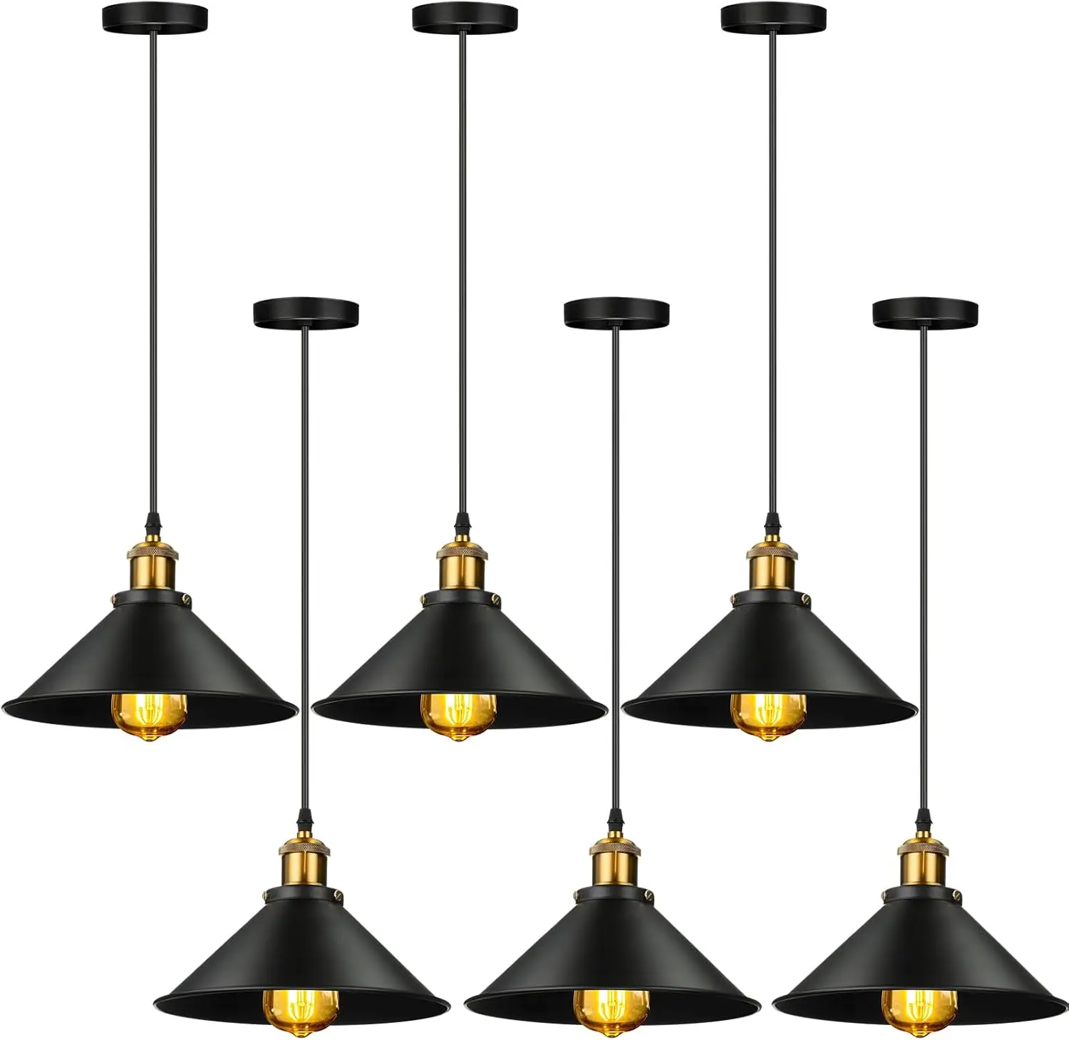 

6-Pack Industrial Pendant Lights, E26/E27 Base, Metal Shade, Black, for Kitchen Dining Room