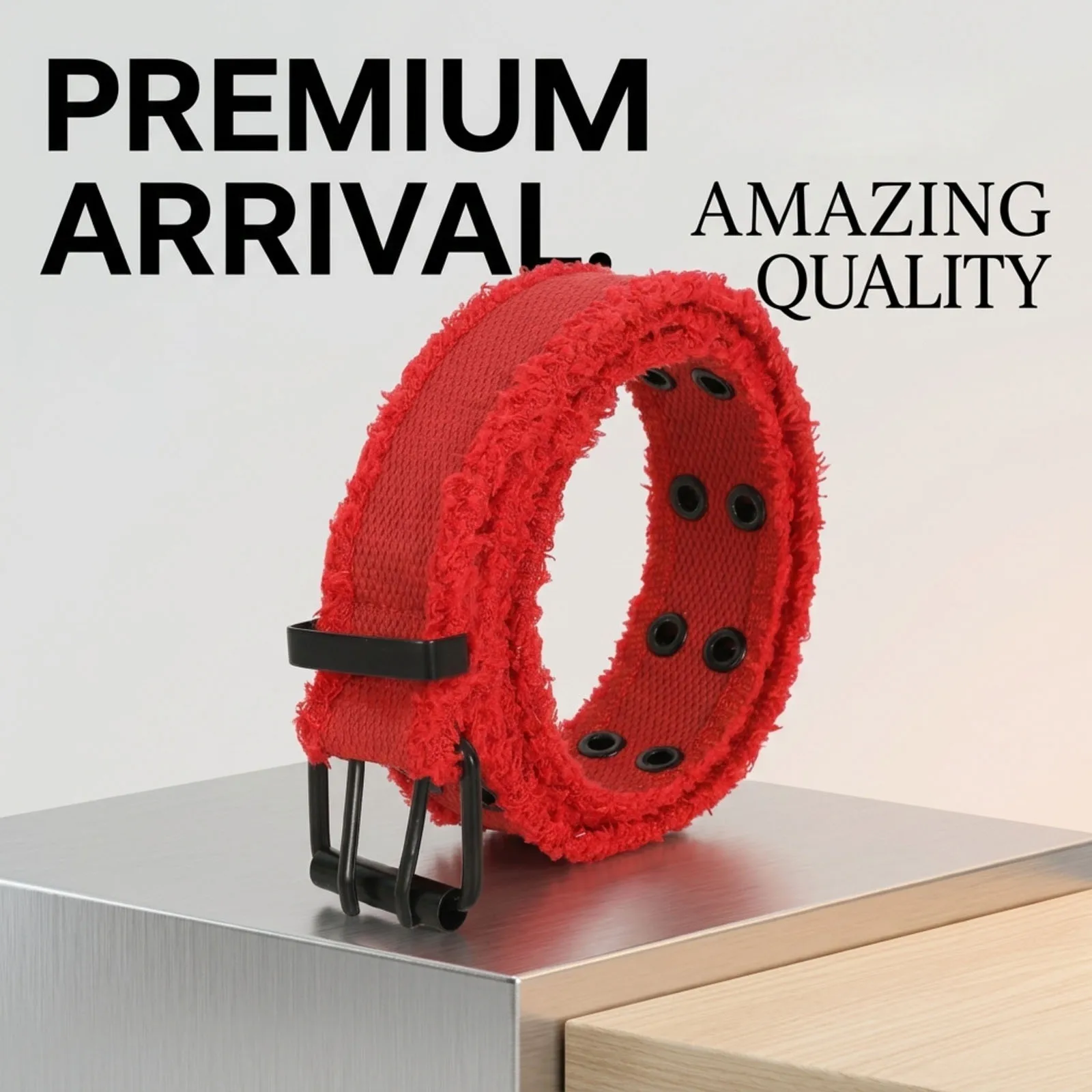 Stylish Raw-Edge Belt Featuring Metal Eyelets and an Iron Buckle Eye-Catching Red Design Minimalist Solid-Color Belt for Women