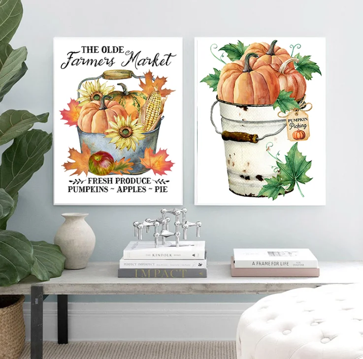 Country Farm Style Fall Pumpkins Retro Posters and Prints Rustic Fall Market Sign Canvas Painting Farmhouse Wall Pictures Decor