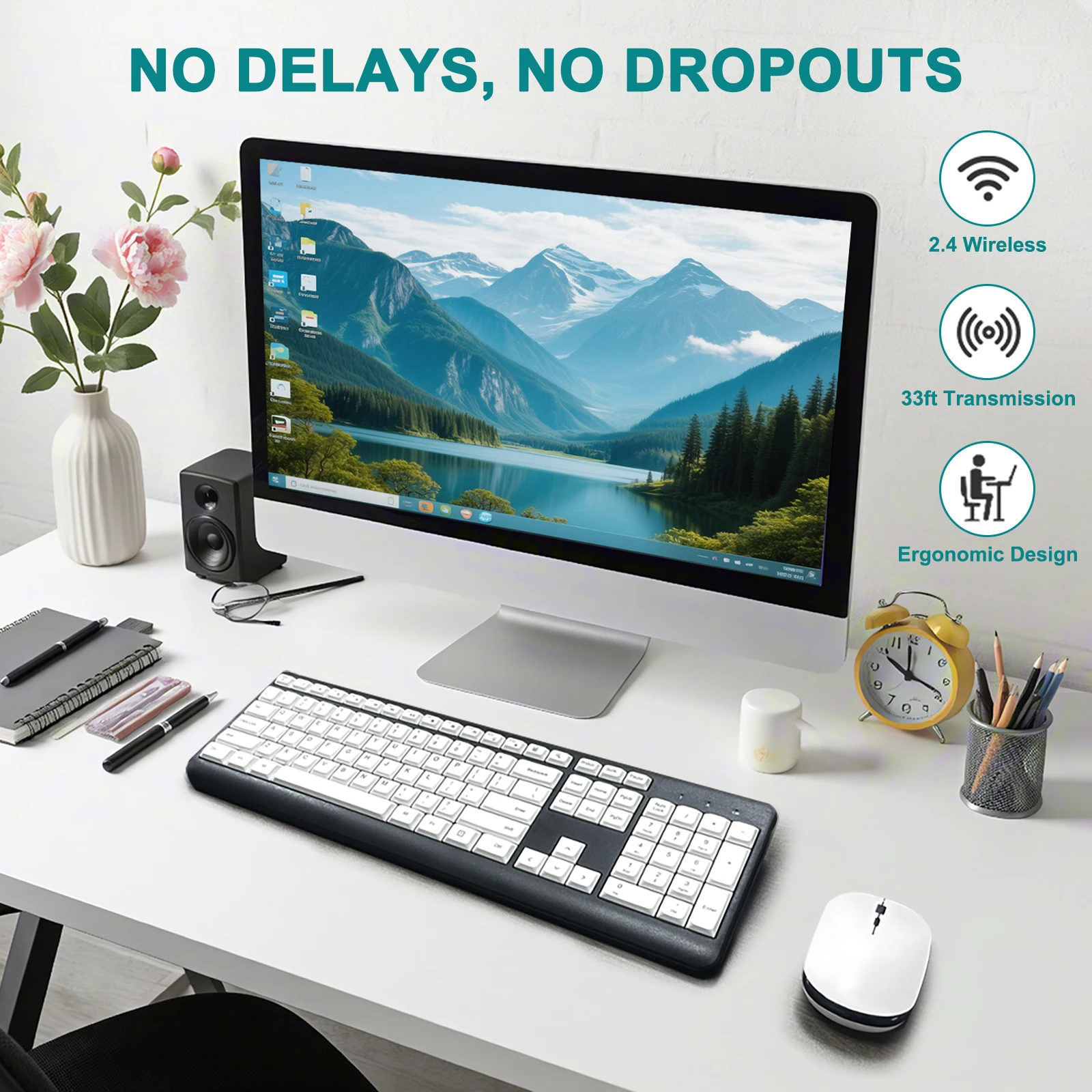 

Wireless Keyboard and Mouse Combo 2.4G Ergonomic White Backlit Scissor Switch 3 Adjustable DPI Auto Sleep for Windows and MacOS