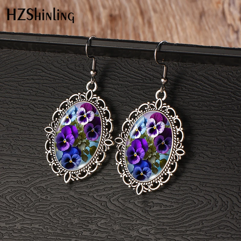 2024 New Pansy Flowers Vintage Dangle Earring Fish Hook Earrings Oval Glass Dome Jewelry Gift Girls