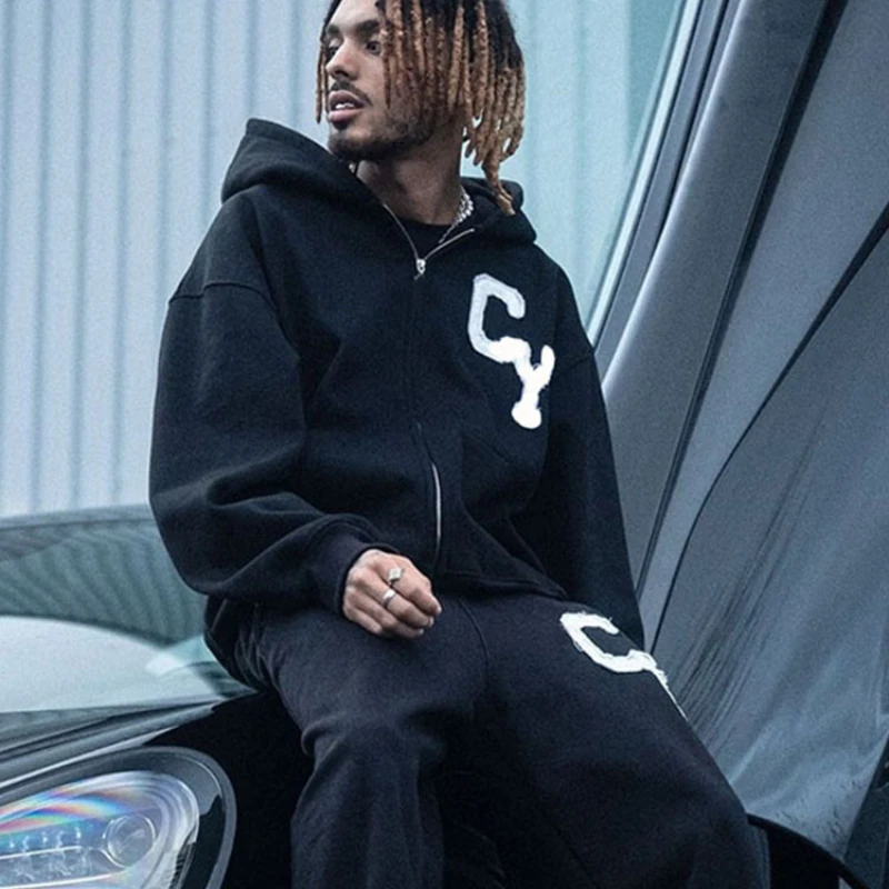 2024 high-end design European and American cross-border exclusive for niche fashion brands street hooded men's hoodie cardigan j