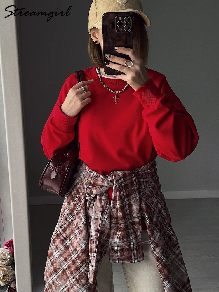 Women's Sweatshirt Sport Loose Fall Clothes Streetwear Pullover Oversized Crewneck Sweatshirt Black For Women Red Sweatshirts