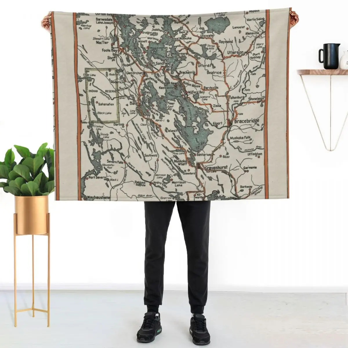 Vintage Muskoka Lakes Map Throw Blanket Cozy Warm Blanket for Bed Room Decor