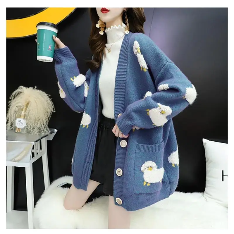 Women Sweater Cardigans Knitcoat V Neck Sheep Cardigans Sweaters Warm Knitwear Korean fashion Sueter Mujer cartoon Long Jacket