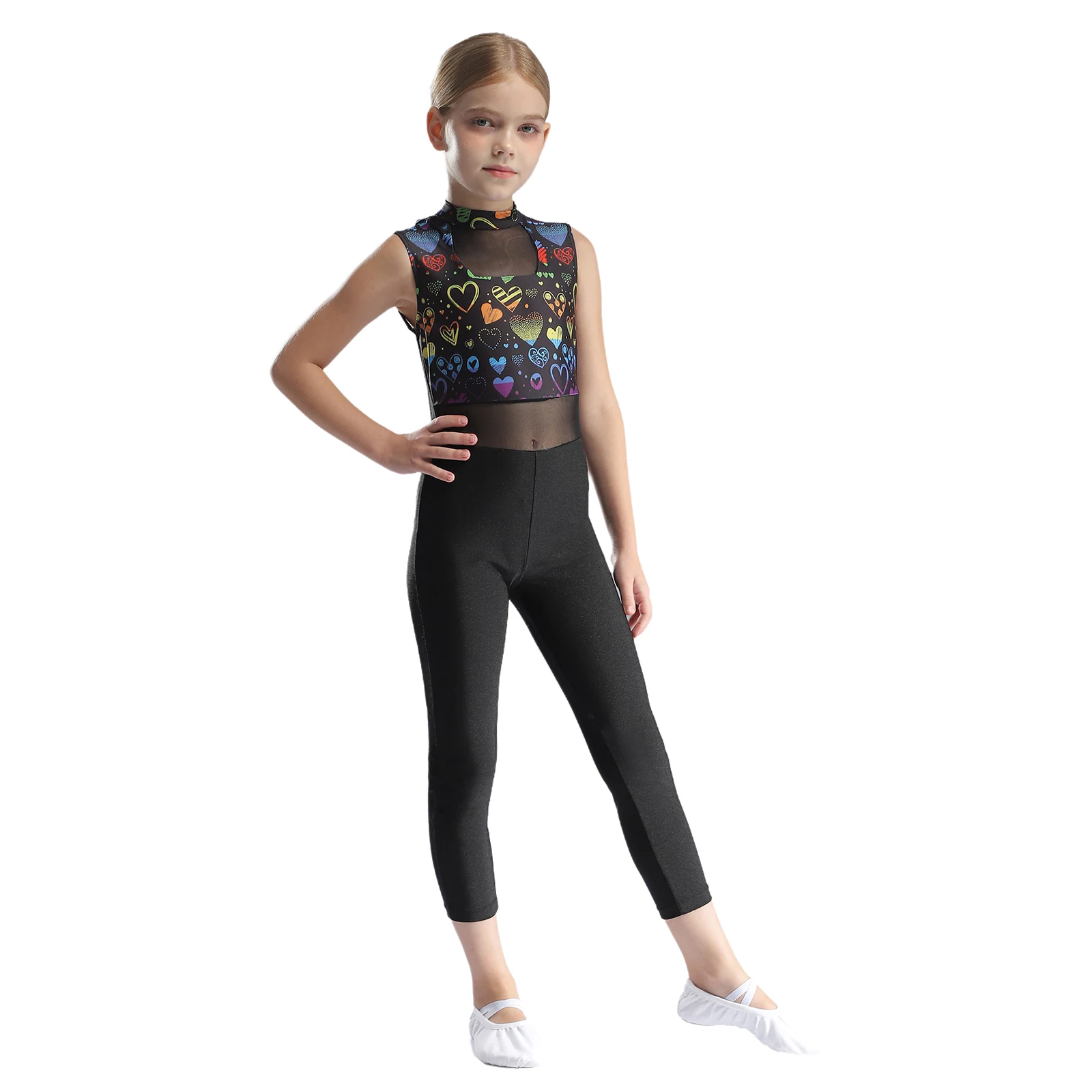 Big Girls Mock Printed Ballet Dance Unitard Strap V Back Full Body Bodysuits Ice Skating Uniform Gymnastics Leotard