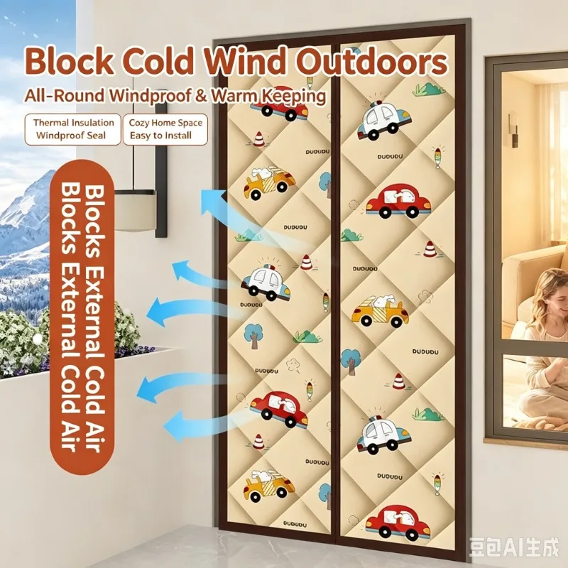 Self‑Closing Winter Door Curtain Windproof Thermal Insulated Magnetic Cotton Screen No‑Drill Cartoon Door Curtain for Doorway