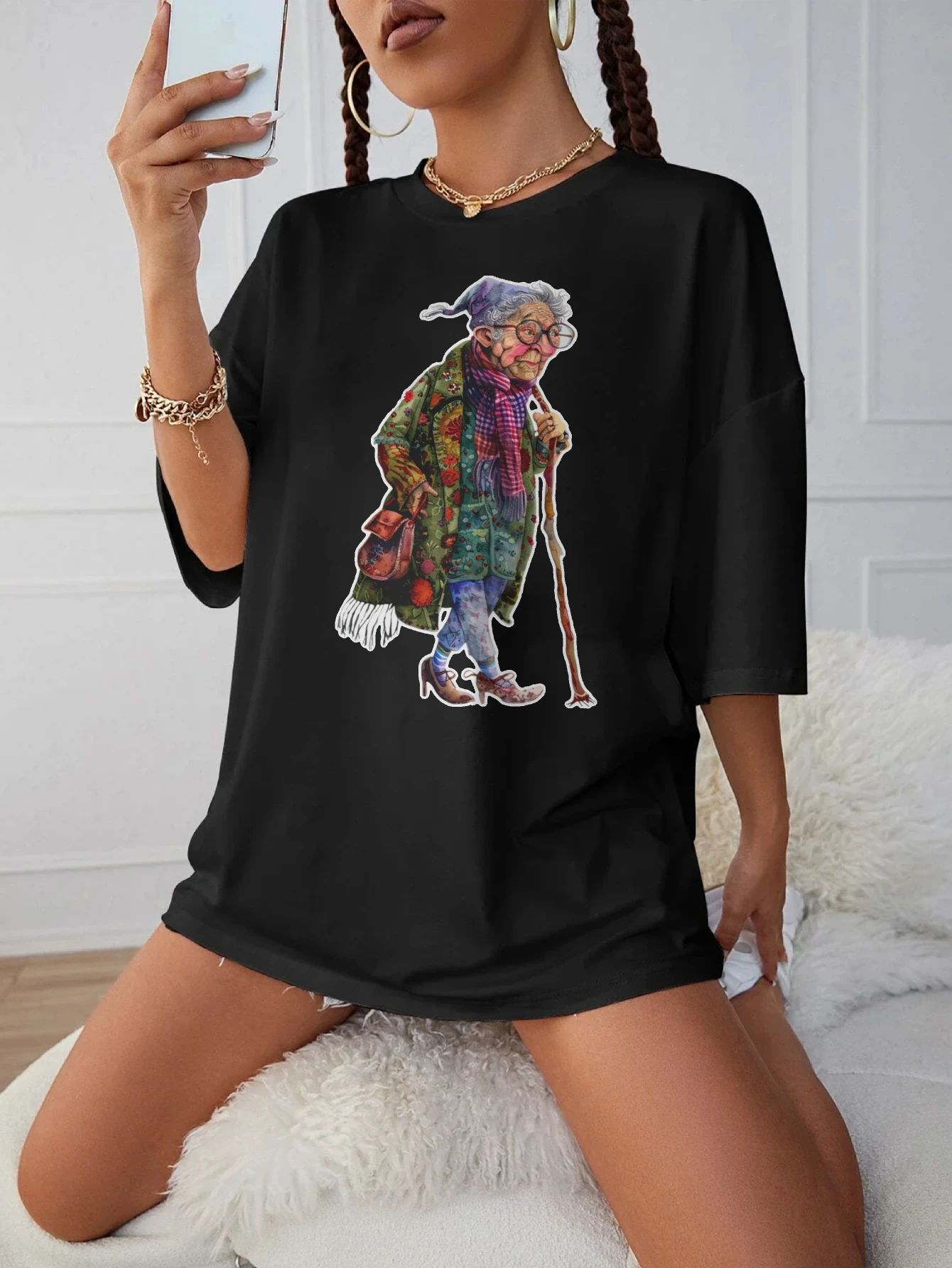 

Женская футболка Quirky-Whimsical-Crazy-Grandma-Clipart для беременных, черная, с круглым вырезом, свободный крой, удобная для поздней беременности