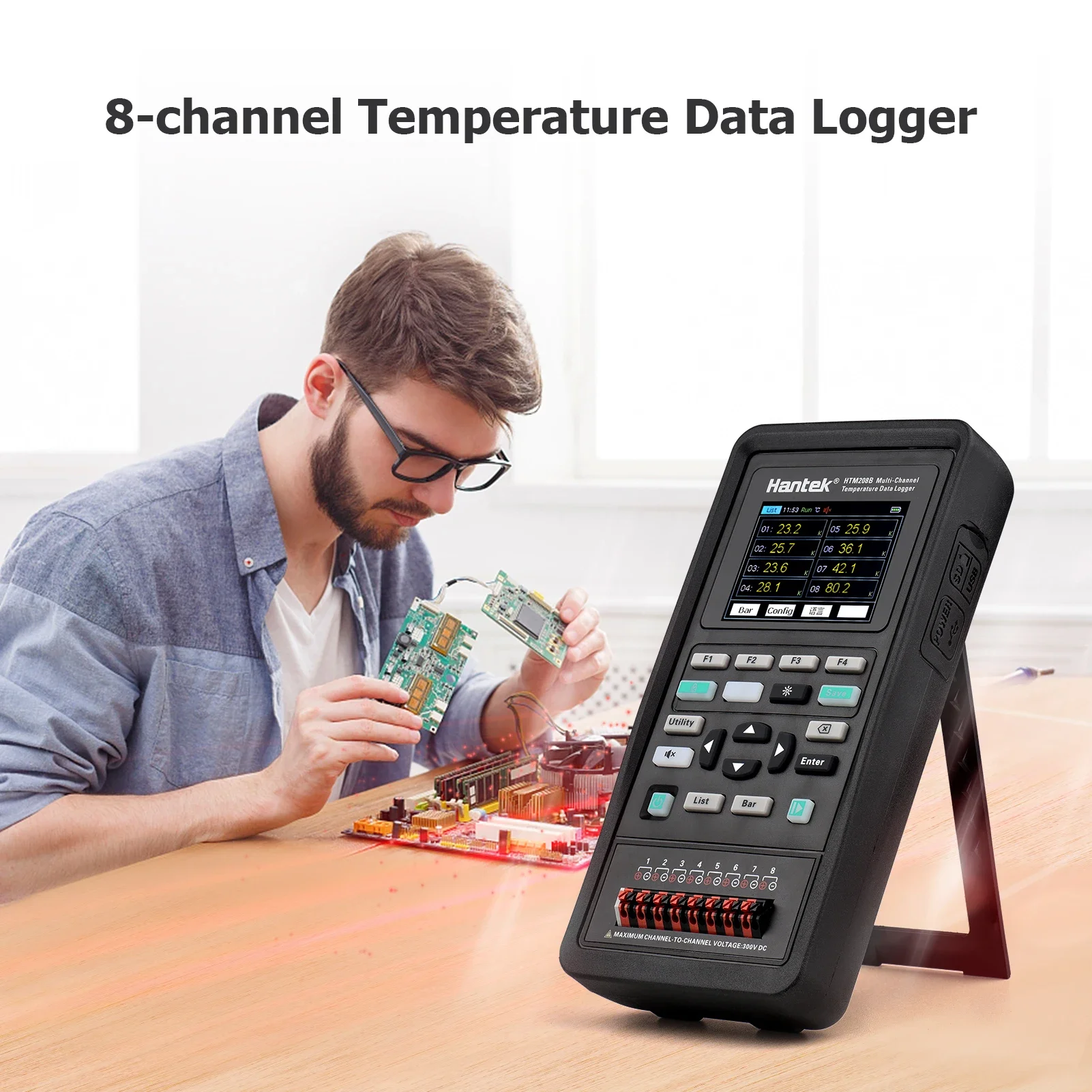 Hantek HTM208B Testador digital LCD de 2,8 polegadas Registrador de dados de temperatura de 8 canais Instrumento de gravação de temperatura recarregável